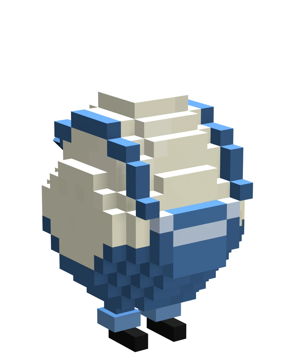 Bobby's original look. This is a custom Minecraft model of the plain white circular egg, but Bobby wears blue denim overalls that cover the majority of the model. The straps go all the way up around the top of the egg's head, and each of the thin black legs are split into the overall's pants. At the bottom, they're cuffed, giving the illusion that Bobby is wearing black work boots. The front of the overalls is marked with a lighter blue, denoting a giant pocket and buttons.